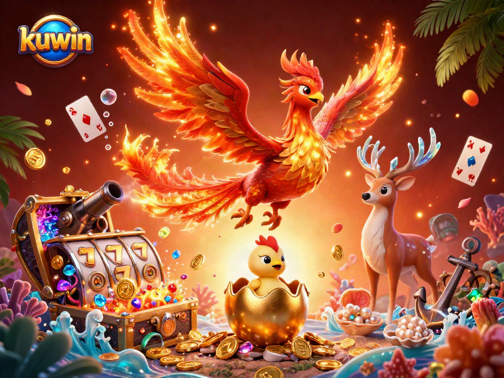kuwin casino illustration showcasing a vibrant scene with a phoenix and jewel-filled treasures.