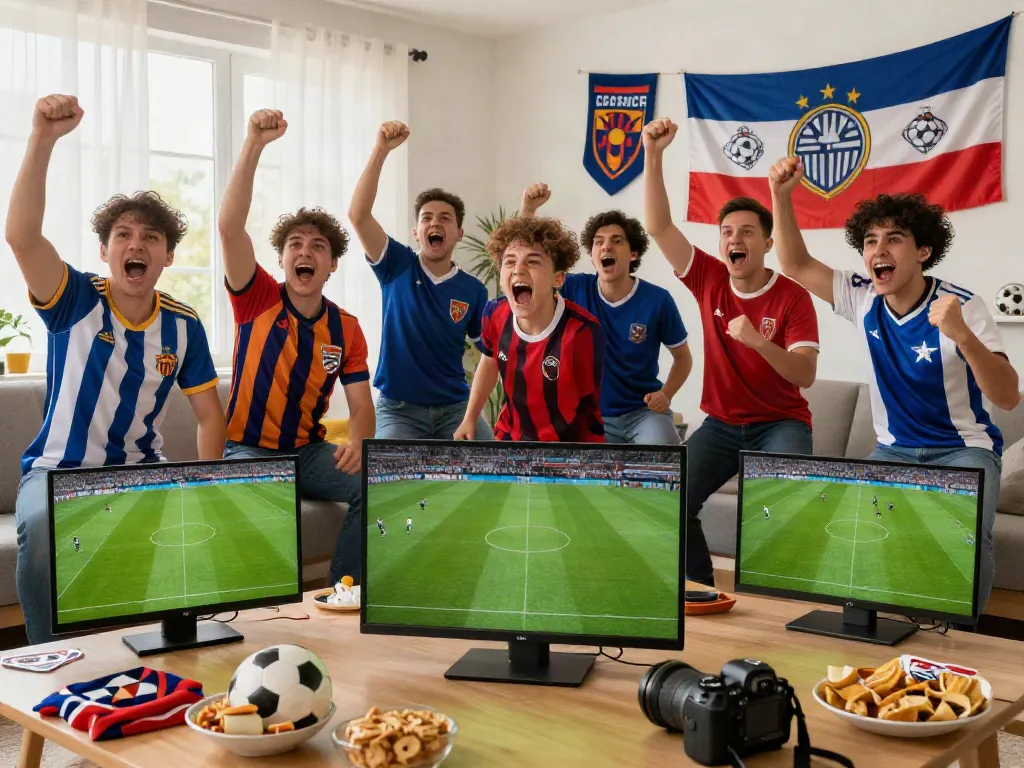 Football fans enjoying a live match at home, celebrating while watching cakhiatv on a big screen.
