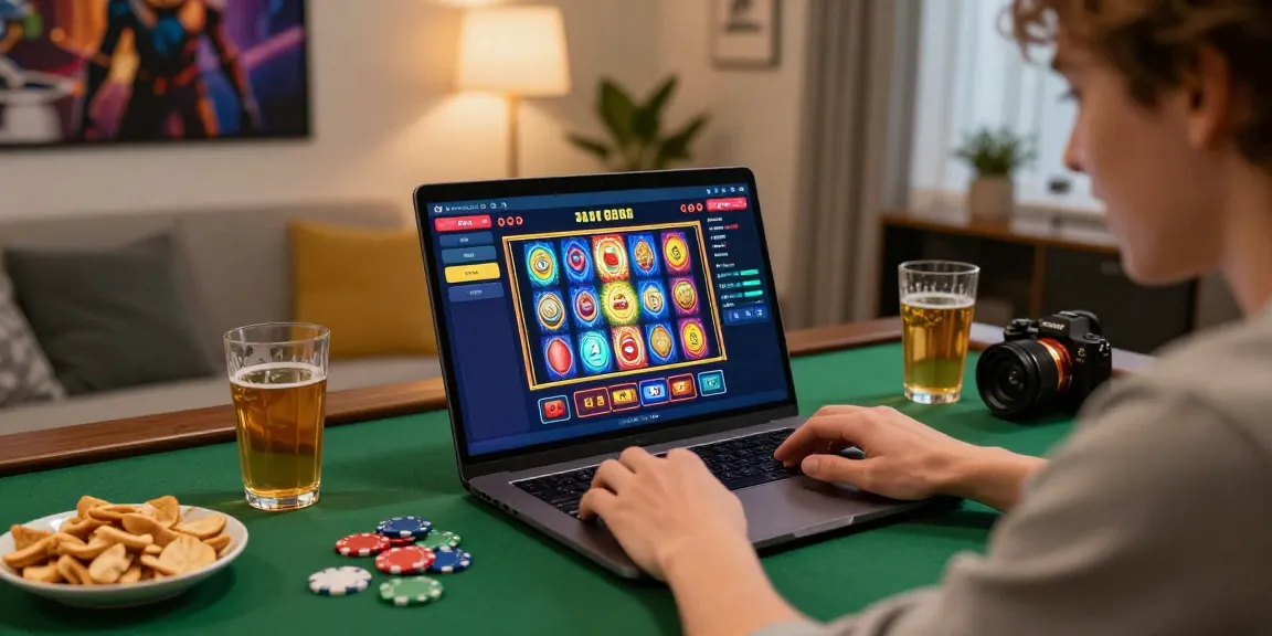 Giocatore coinvolto che si gode un'esperienza di casino non aams a casa con giochi di slot vivaci e atmosfera accogliente.