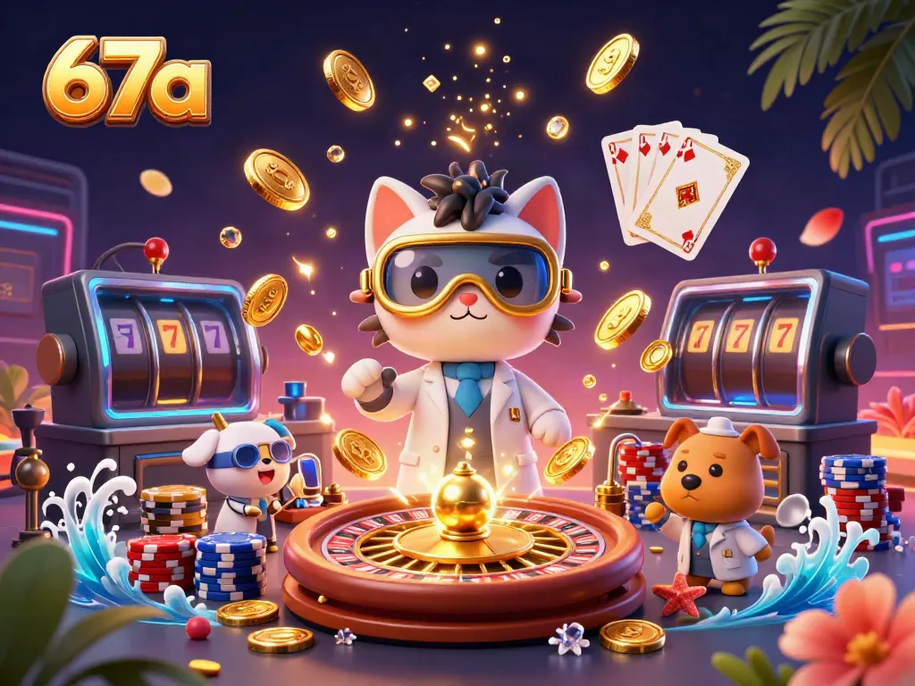 Experience exciting gameplay with 67a's vibrant casino scene featuring a 3D cartoon mad scientist and rich game elements.