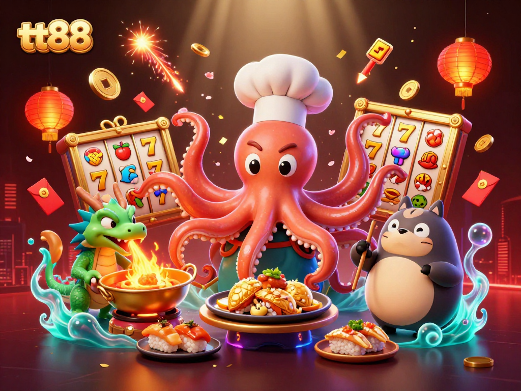 Experience thrilling spins at tt88 with vibrant slot reels and a rich cartoon casino scene.