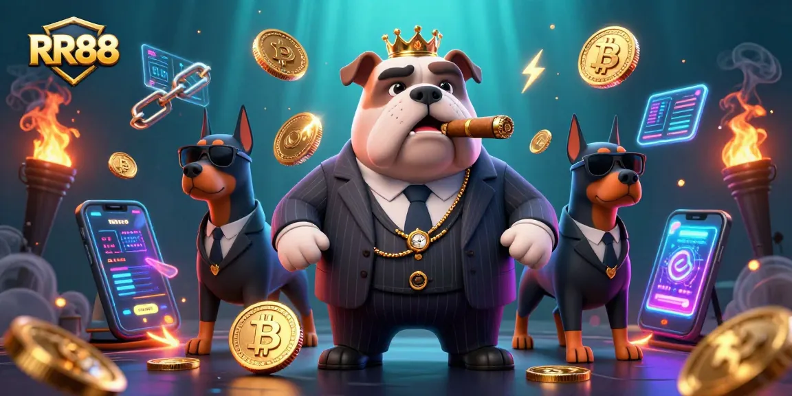 Engage with RR88's vibrant gambling scene featuring a mafia bulldog and Doberman bodyguards amidst glowing crypto elements.