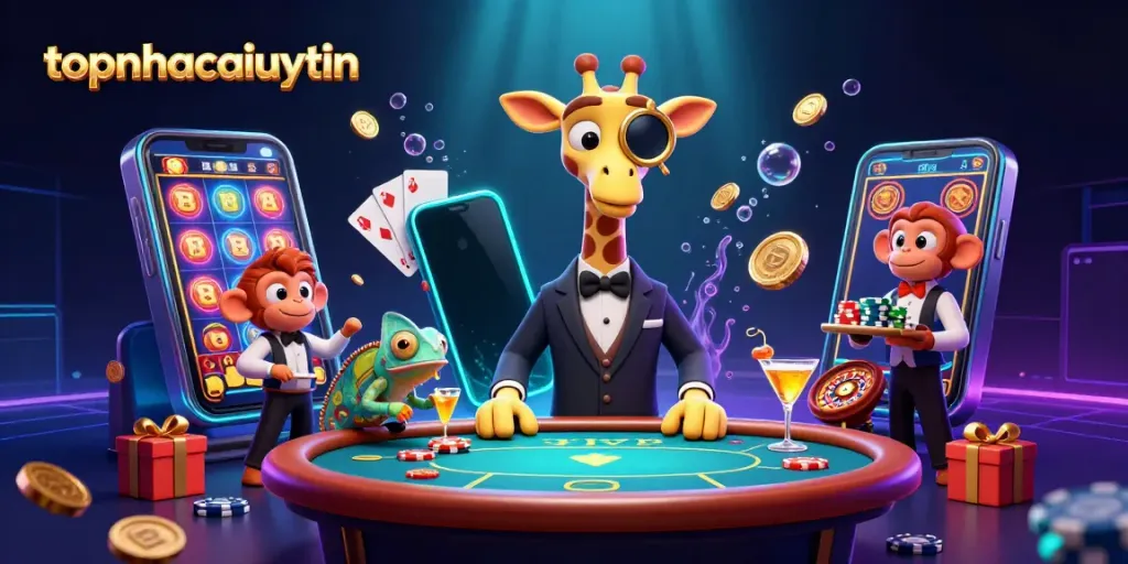 topnhacaiuytin showcases a high-roller giraffe at a lively poker table, accented with vibrant casino elements.