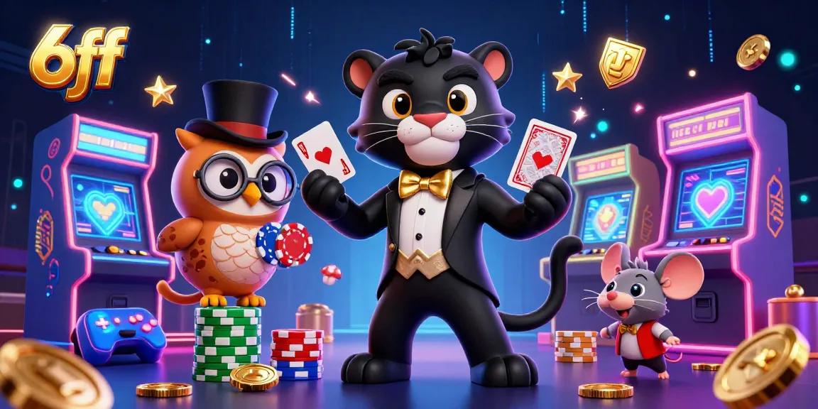 Delight in the stylish 6ff casino scene featuring a panther dealer and friends, celebrating games.