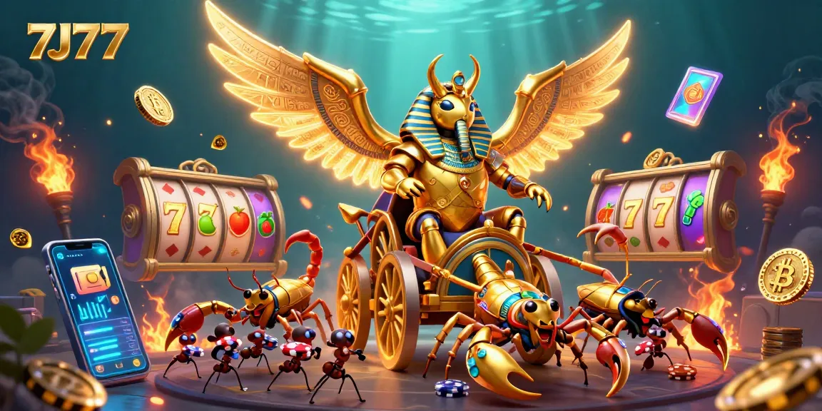 Experience the thrill of wins with 7J777's vibrant 3D casino scene featuring golden scarabs and crypto elements.