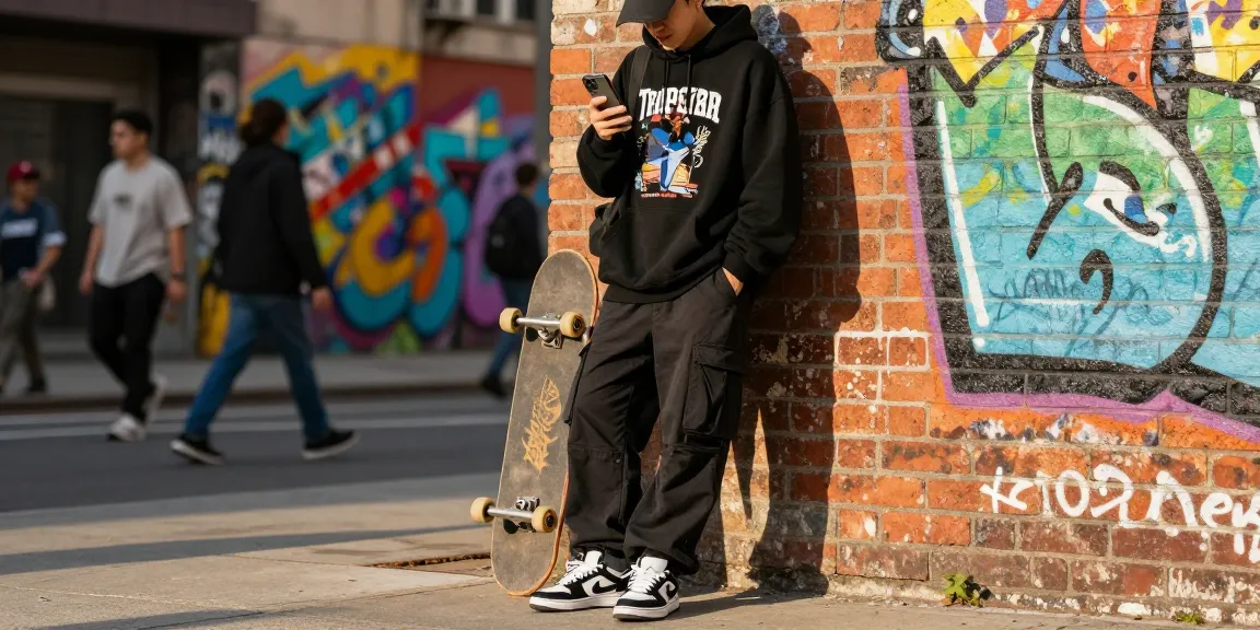 Scena della moda urbana Trapstar con un individuo alla moda in un hoodie oversize e pantaloni cargo contro un vivace sfondo di street art, che tiene uno skateboard.