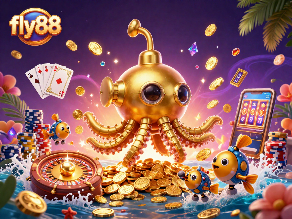 Experience exciting winnings at fly88 with a vibrant casino scene showcasing a golden kraken and fortune elements.