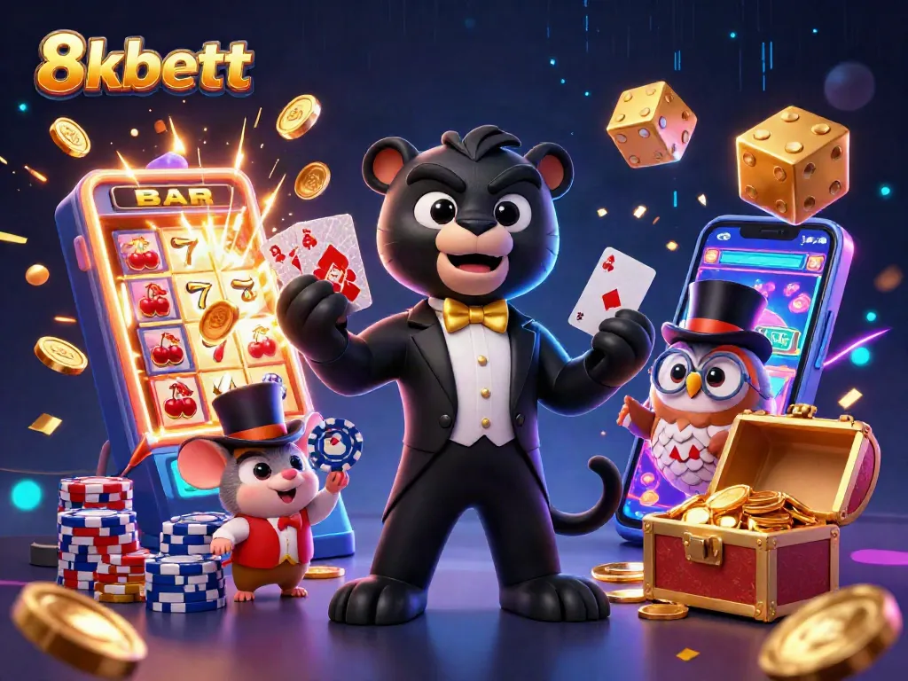 Experience excitement at 8kbett with a cartoon black panther dealer, lively poker elements, and vibrant jackpot action.
