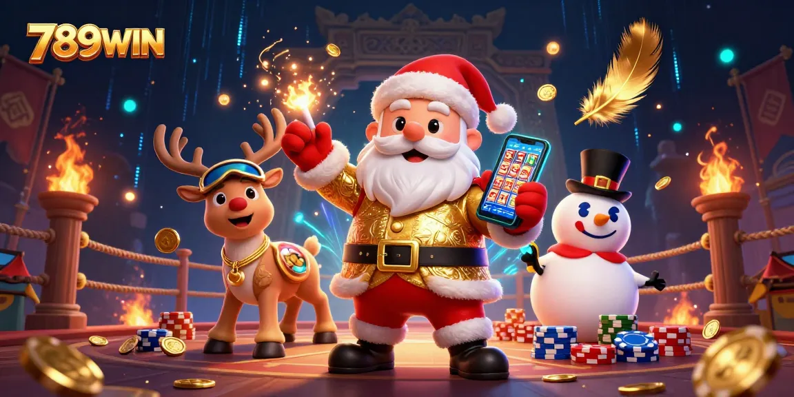 Experience thrilling jackpot slots with 789WIN in a vibrant casino scene featuring Santa and friends.