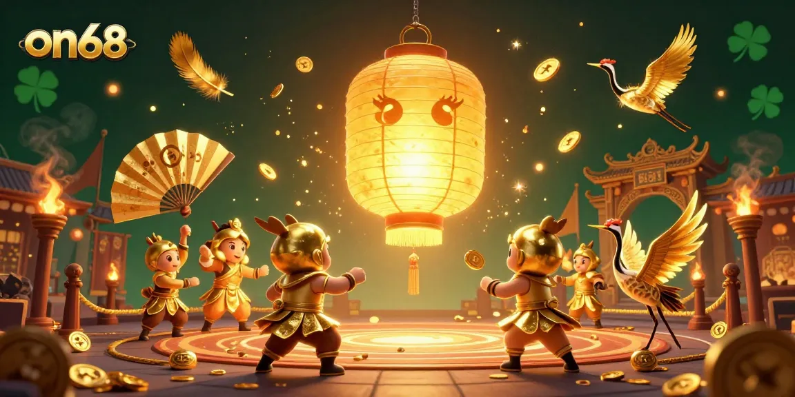 Experience thrilling casino action with on68's vibrant 3D illustration featuring golden lanterns and lucky symbols.