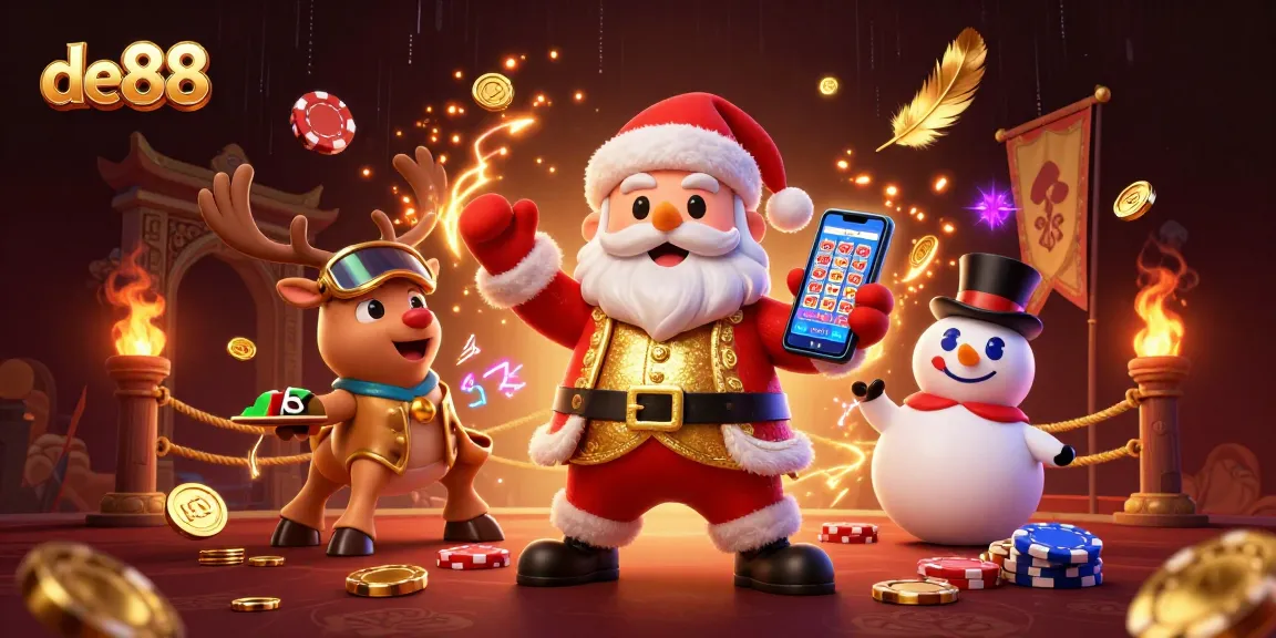 de88 jackpot slots come alive with Santa, a reindeer dealer, and a poker chip snowman