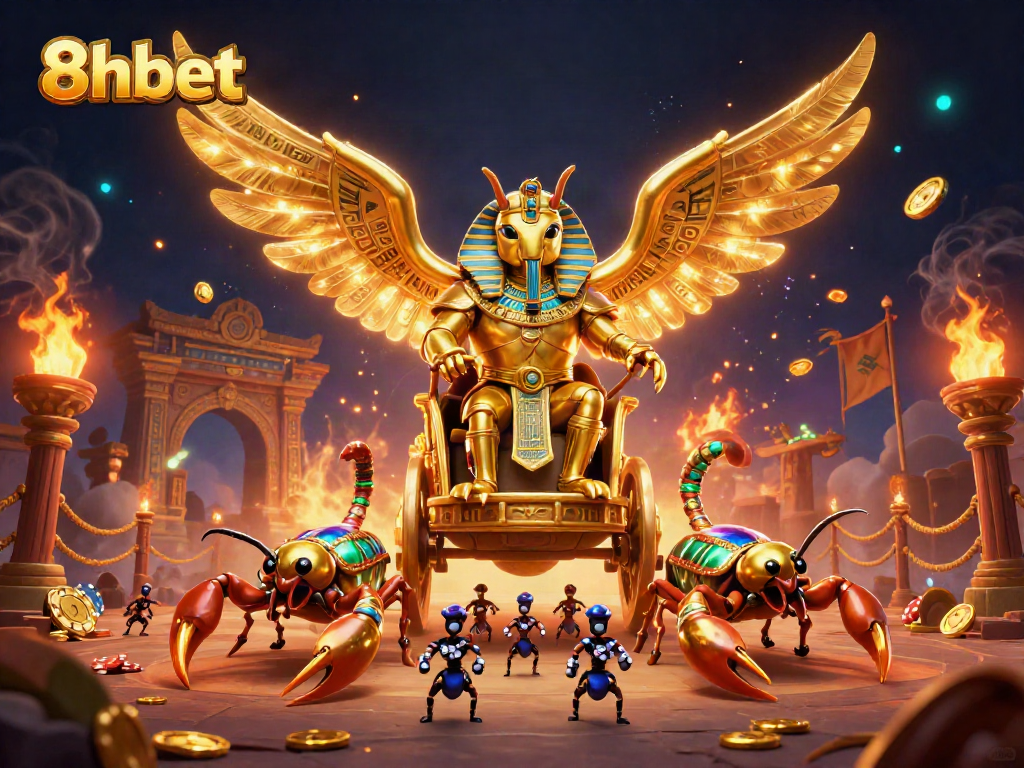 Experience thrilling wins at 8xbet with a vibrant casino scene featuring golden scarabs and poker chips.