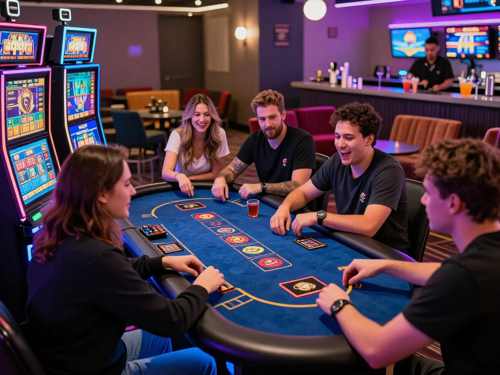 Exciting crypto casino scene with diverse players enjoying games and vibrant neon lighting.