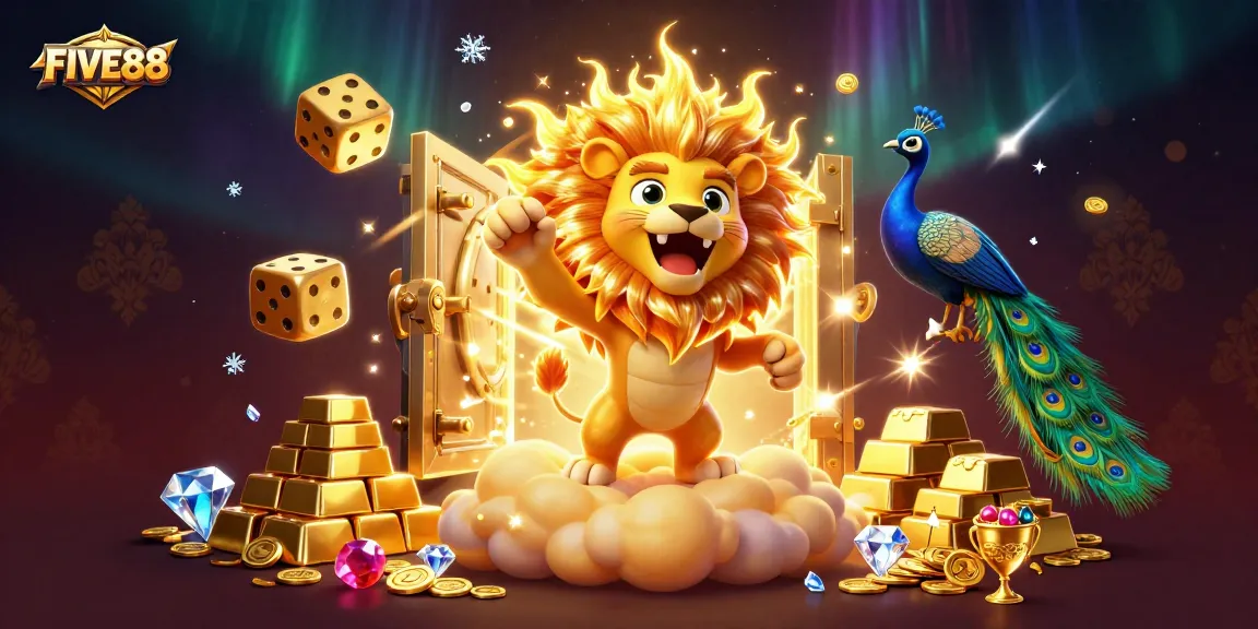 Experience thrilling gambling action at FIVE88 with vibrant colors, golden treasures, and dynamic casino elements.