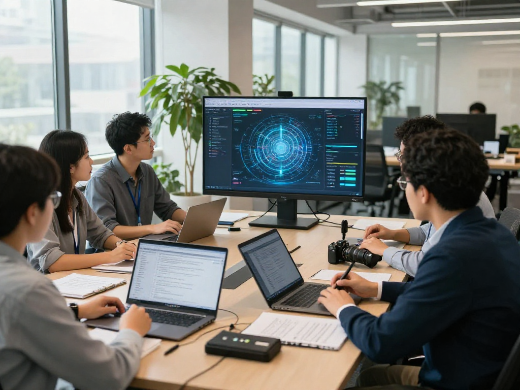 Team collaborating on document fraud detection solutions using data analytics and AI technology in a modern office.