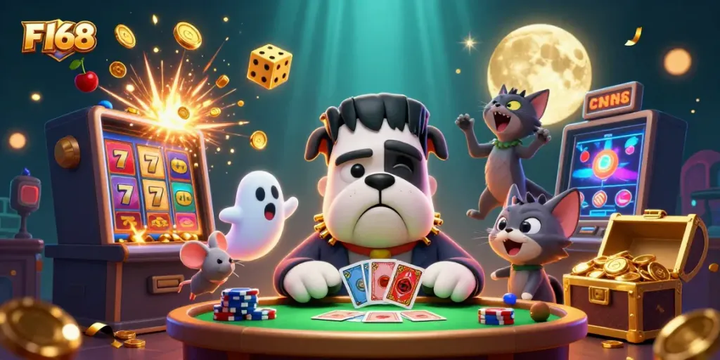 Engage in F168's thrilling casino action with lively characters and vibrant game elements.