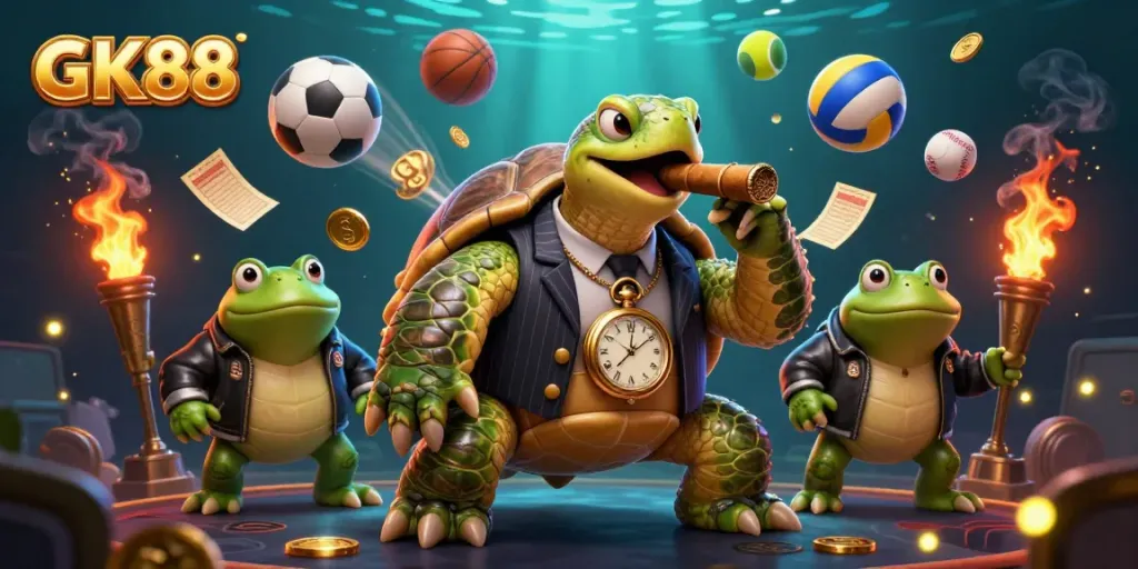 Join the excitement at GK88 with a dynamic casino scene featuring a snapping turtle and bullfrog enforcers.