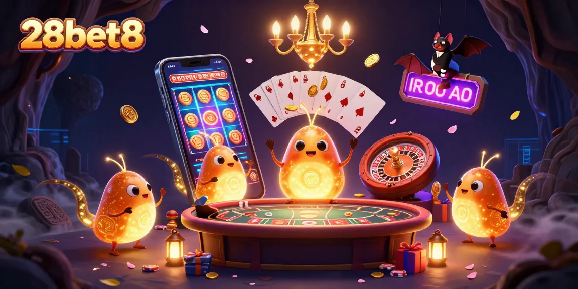Experience the excitement of 28bet8 with vibrant glowing characters lighting up a casino scene filled with games and rewards.