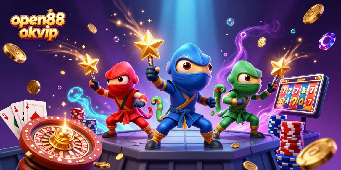 Experience the excitement of open88 okvip with vivid casino action, featuring chameleon ninjas and golden treasures.
