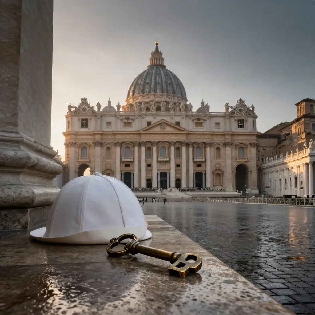 Cupola di San Pietro all’alba dopo la pioggia, zucchetto bianco e chiave papale su pietra bagnata.