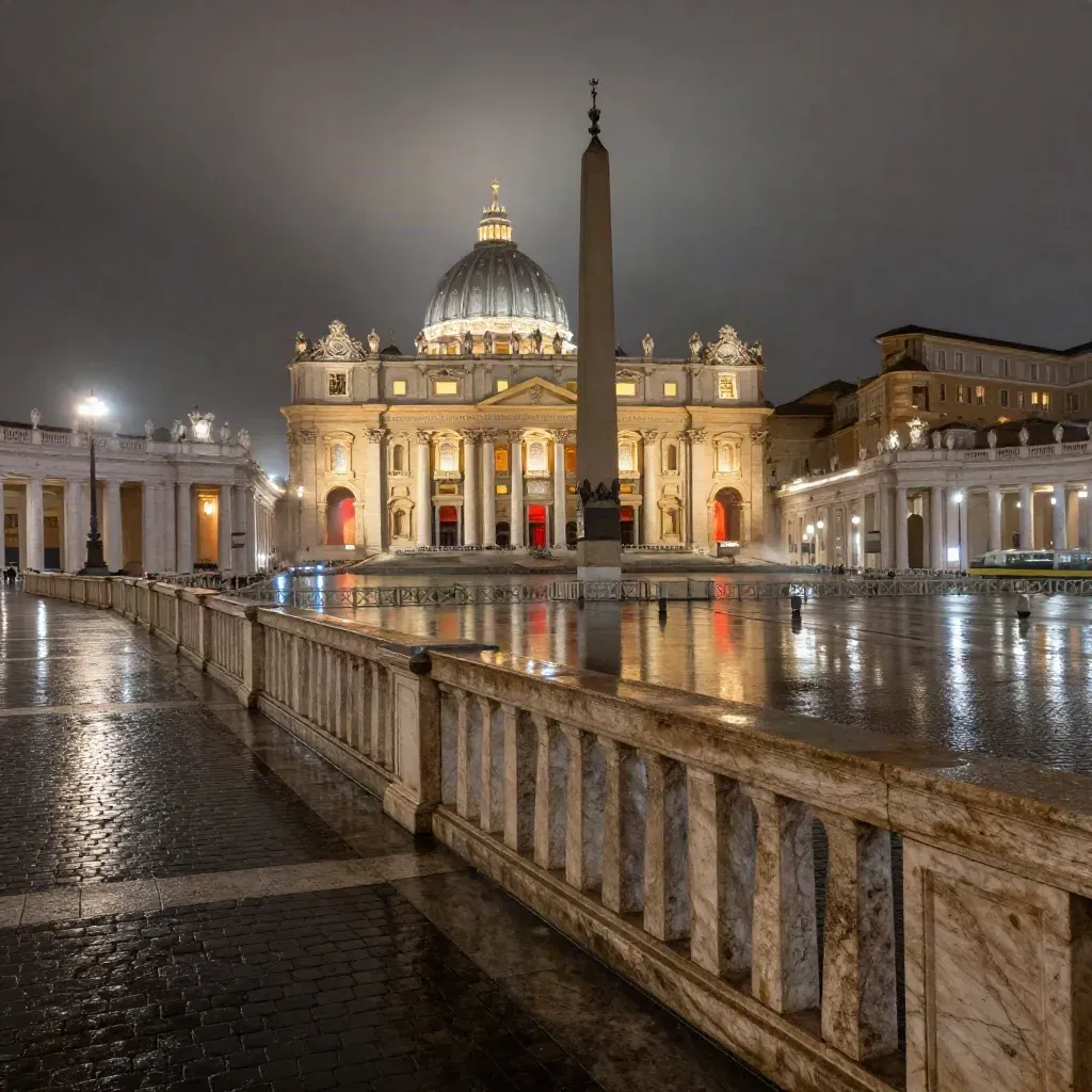 Piazza San Pietro dopo la pioggia, con pozzanghere, obelisco e colonnato riflesso