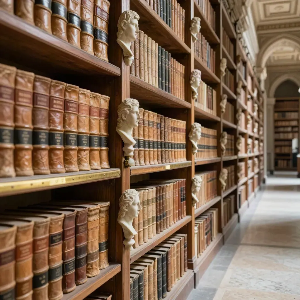 Corridoio d’archivio vaticano con volumi antichi, busti in pietra e luce del pomeriggio.