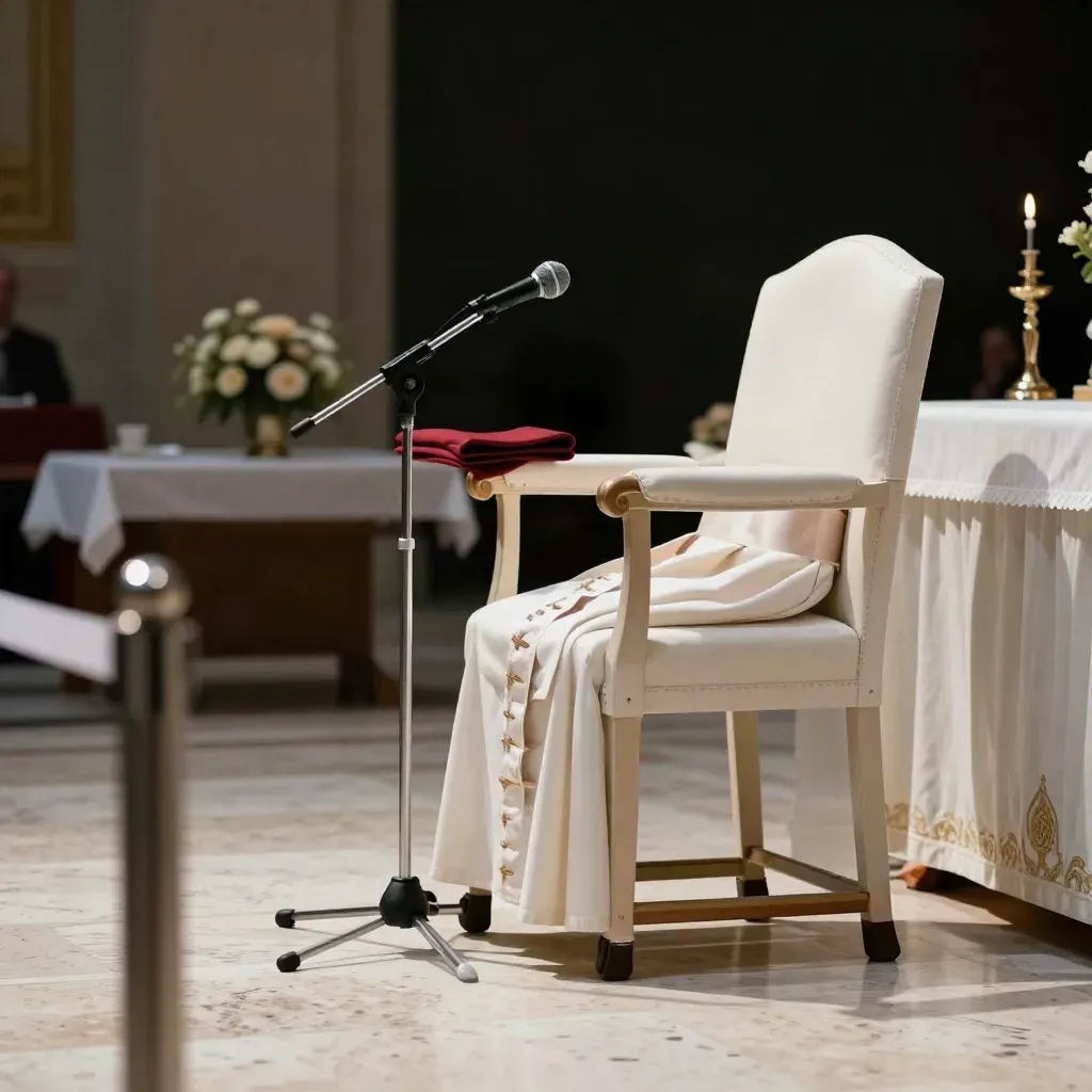 Sedia papale bianca e microfono in preparazione, con fiori sfocati e atmosfera silenziosa.