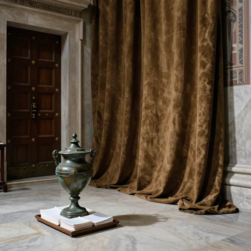 Sala laterale della Cappella Sistina con urna bronzea, schede piegate e porta chiusa in attesa del voto.