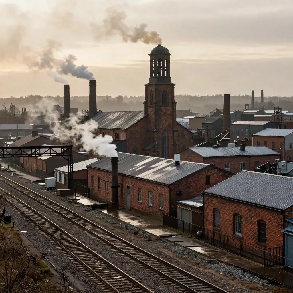 Veduta industriale con fabbrica in mattoni, campanile e binari sotto fumo e cielo coperto.