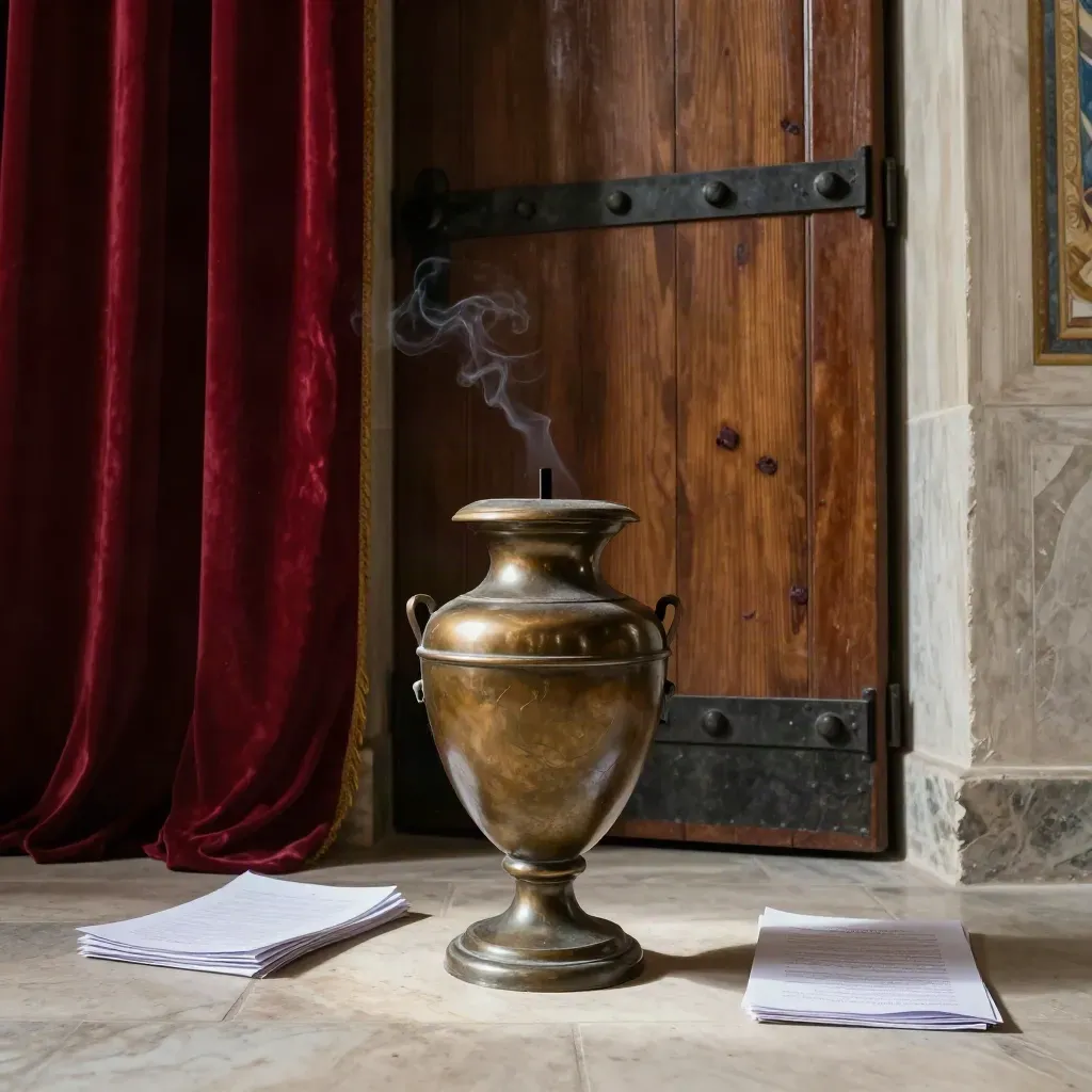 Urna bronzea e schede piegate in una stanza laterale, davanti a una porta sigillata e un drappo rosso.