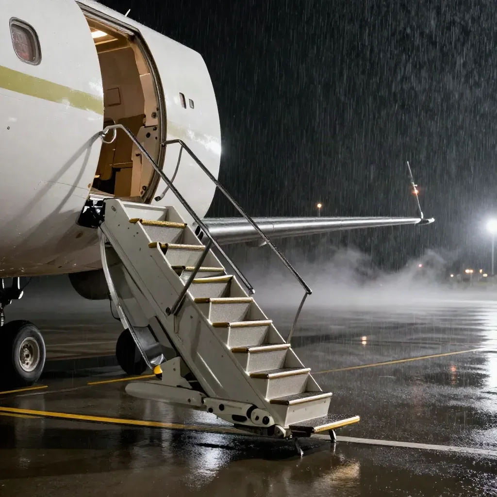 Pista bagnata di notte con scaletta d’aereo aperta e luci lontane nella pioggia