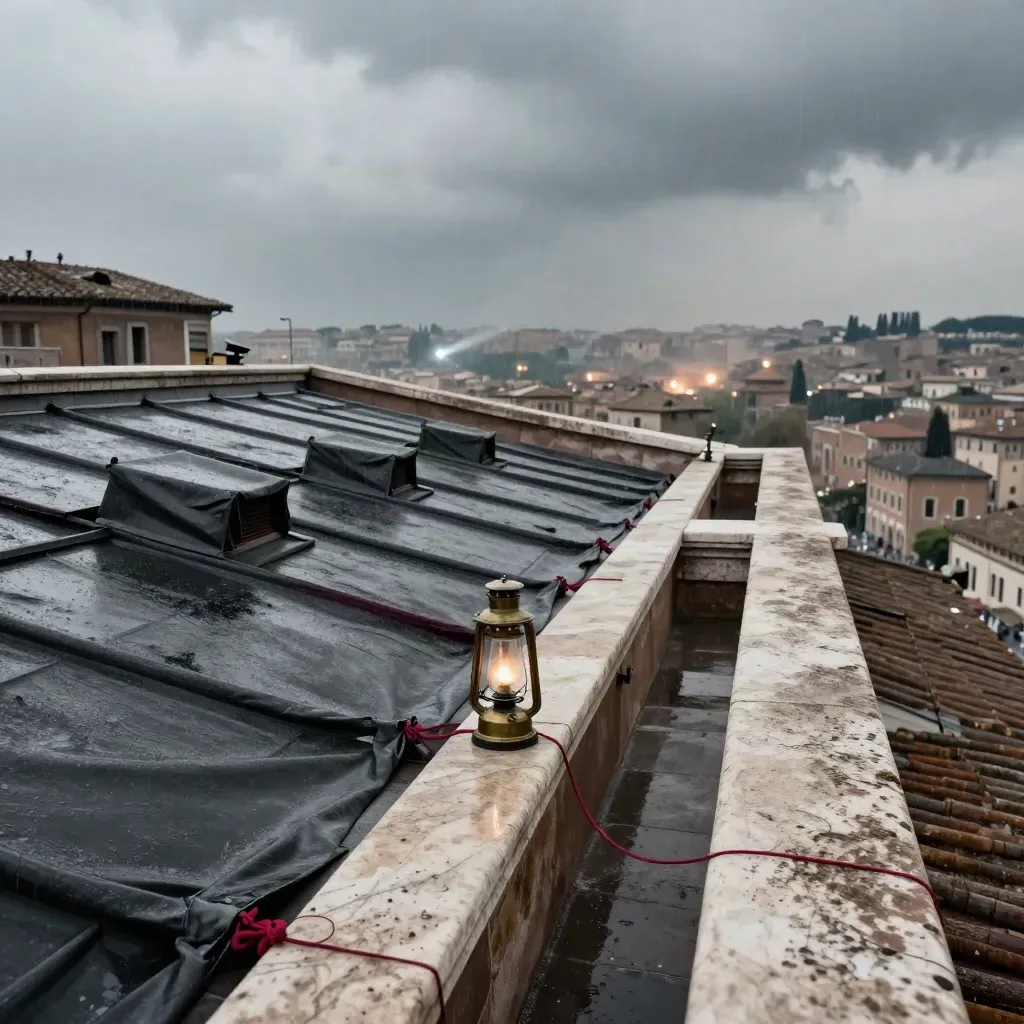 Tetto vaticano in blackout con teloni, lanterna e cielo di tempesta su Roma.