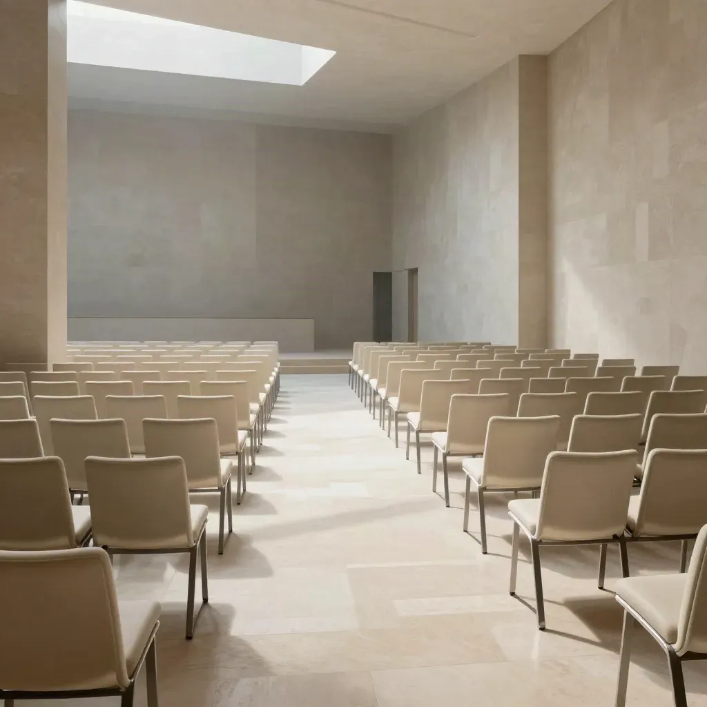 Grande sala conciliare vuota con file di sedie chiare e navata luminosa