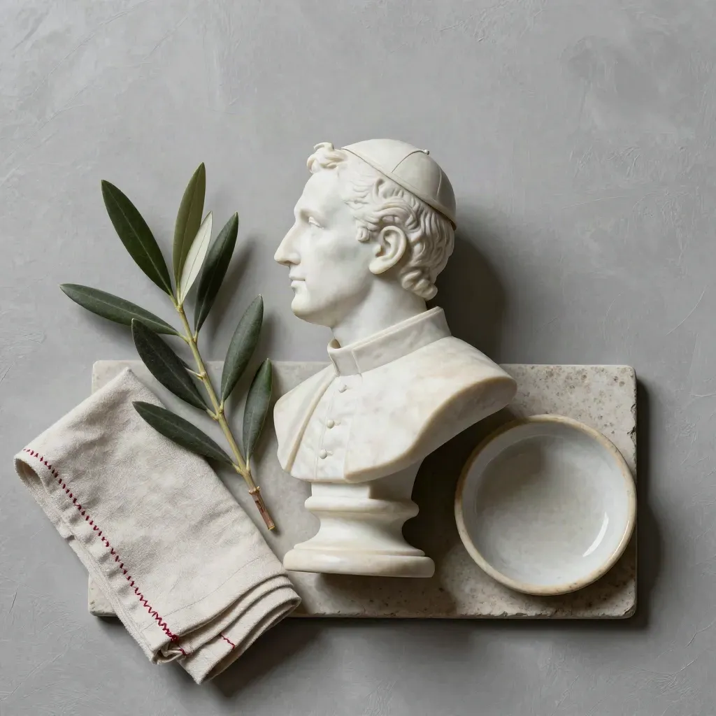 Busto marmoreo di papa con ulivo, lino piegato e piattino su vassoio di pietra.