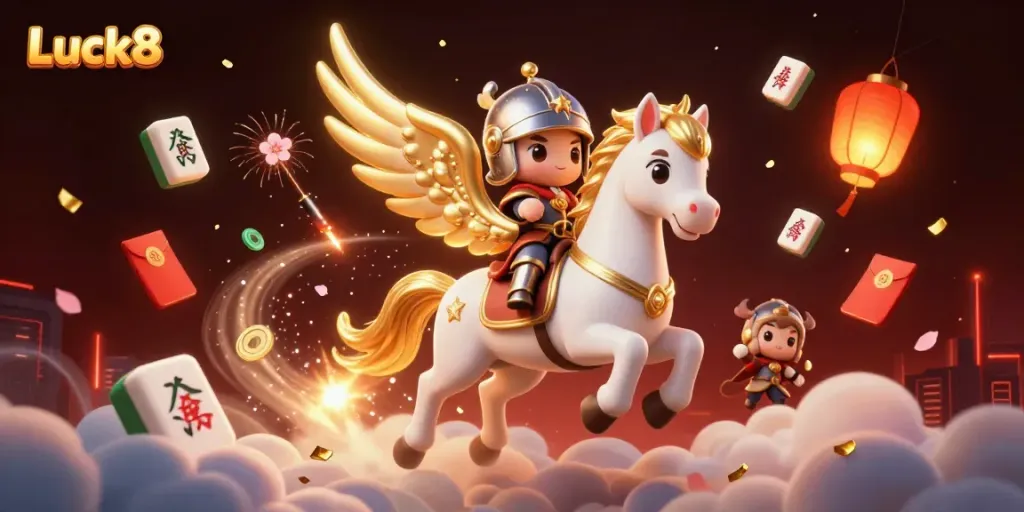 Experience thrilling game moments at Luck8 with a celestial horse and knight in an exciting casino setting.