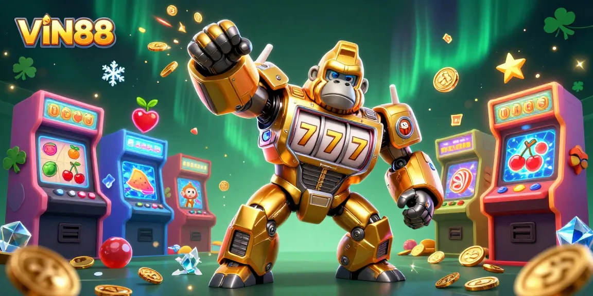 Experience the thrill of VIN88's gaming action with a golden gorilla mech bursting with coins.