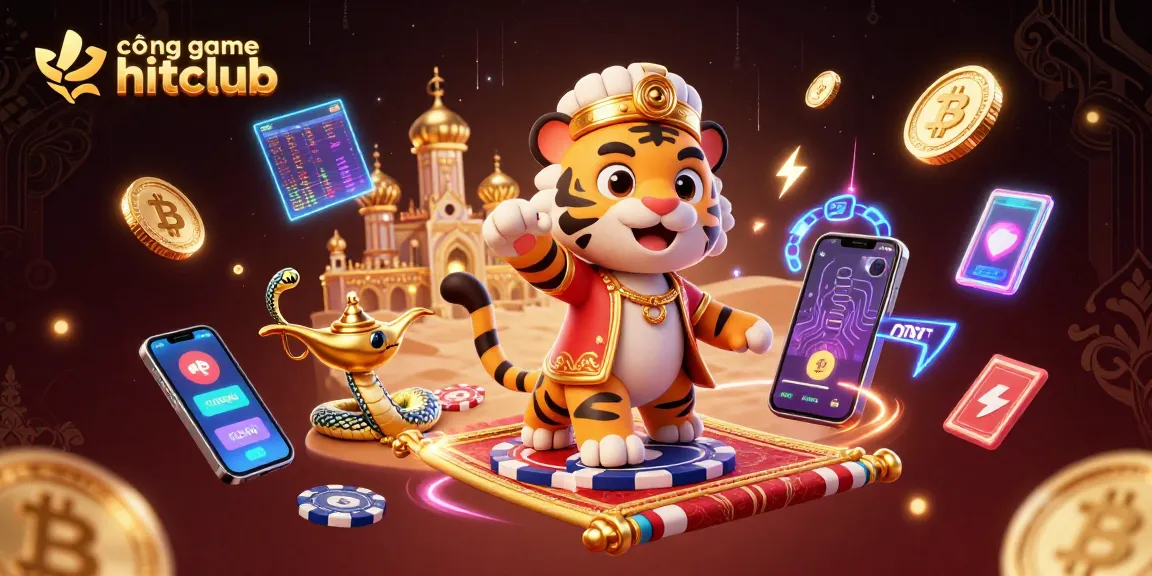 Join the excitement at cổng game hitclub with a vibrant tropical casino scene and glowing cryptocurrencies.