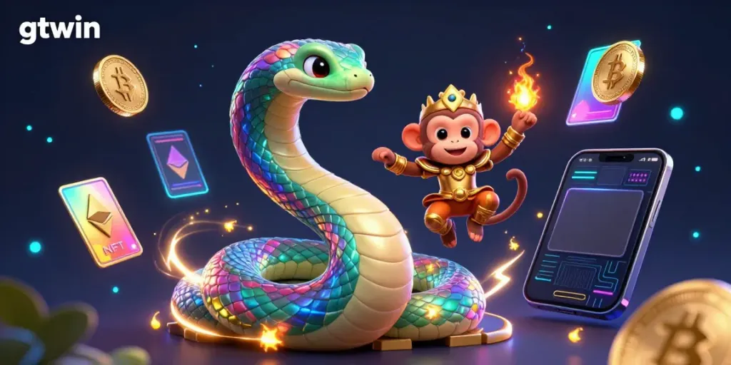 Experience exhilarating gameplay with gtwin, featuring a rainbow serpent and monkey king amid casino-themed crypto elements.