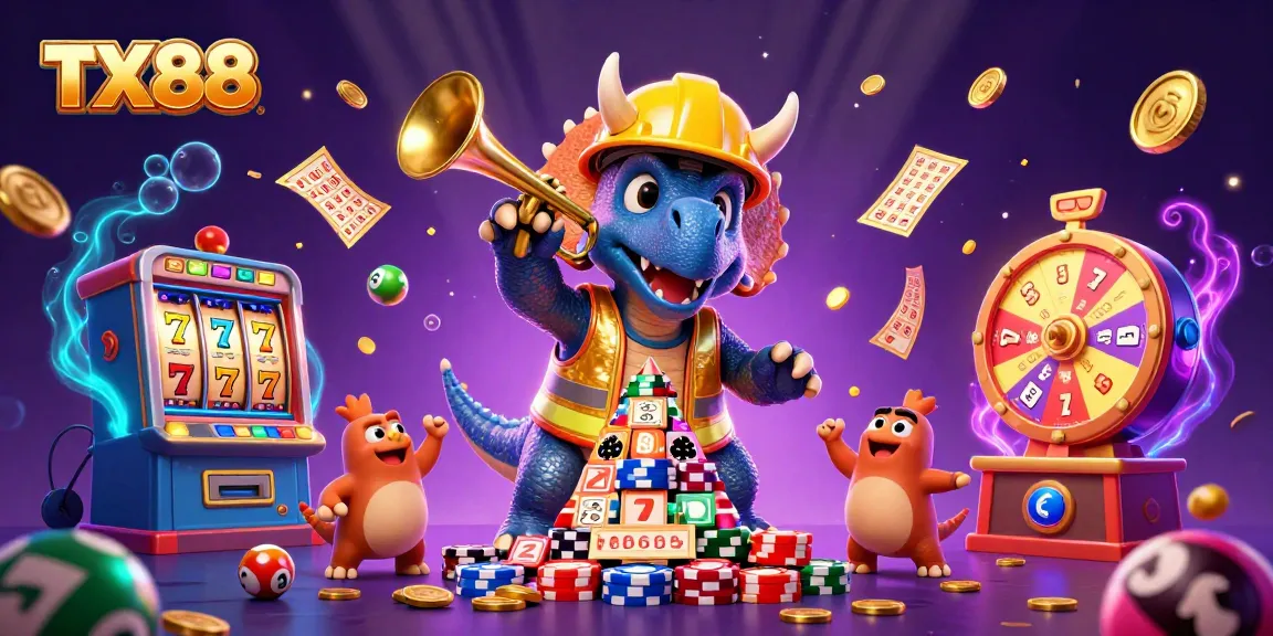 Join the excitement at TX88 with a dynamic scene featuring colorful slot machines and cheering dinosaurs!