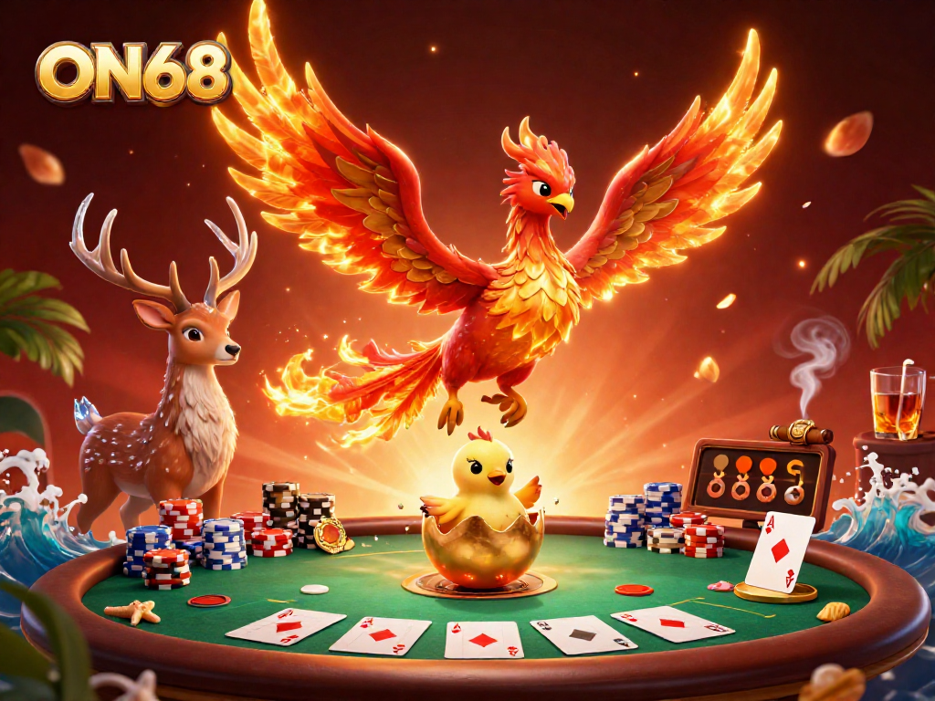 Engage in thrilling games at ON68, featuring dynamic poker action with iconic symbols and vibrant characters.