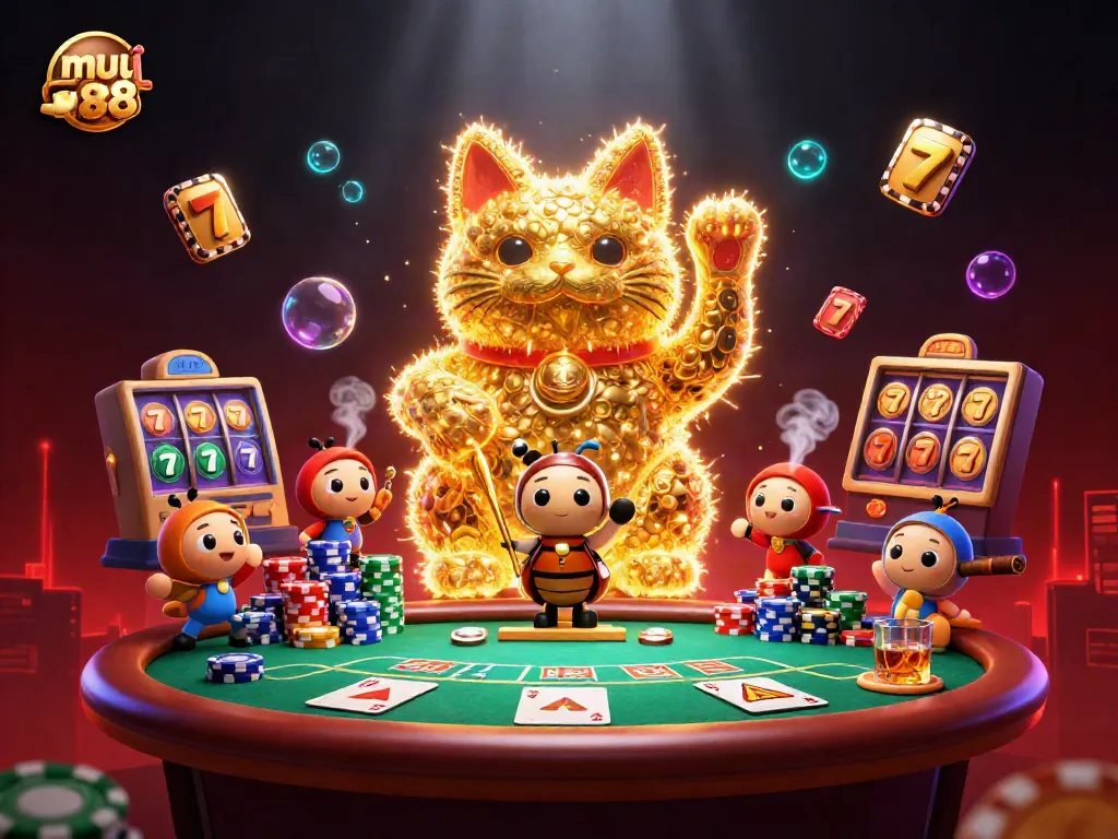 Experience thrilling gameplay at mu88 with a vibrant illustration of a lucky cat and poker elements.