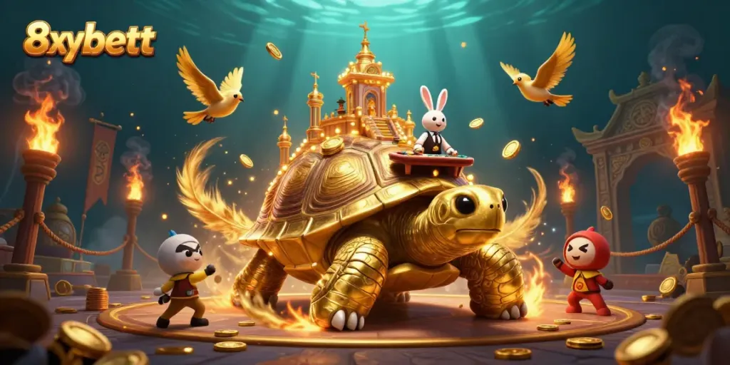 Experience thrilling gameplay at 8xbett with a dynamic casino scene featuring a golden tortoise and fortune.