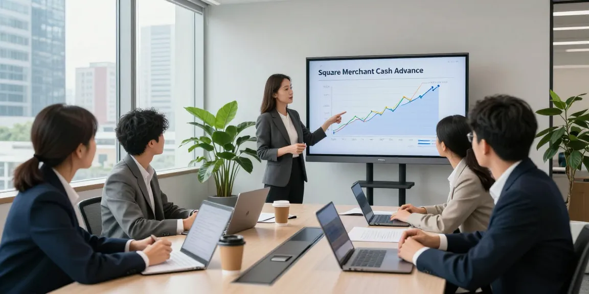 Business professionals reviewing Square merchant cash advance options in a modern office.