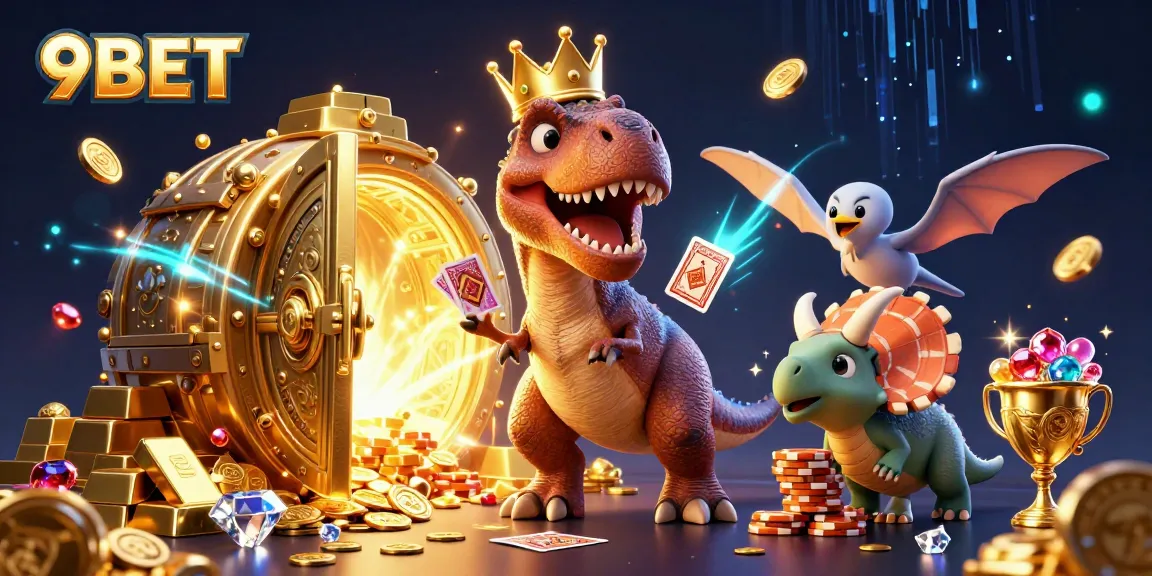 Engage in thrilling gaming adventures at 9BET with cartoon dinosaurs in a vibrant casino scene.