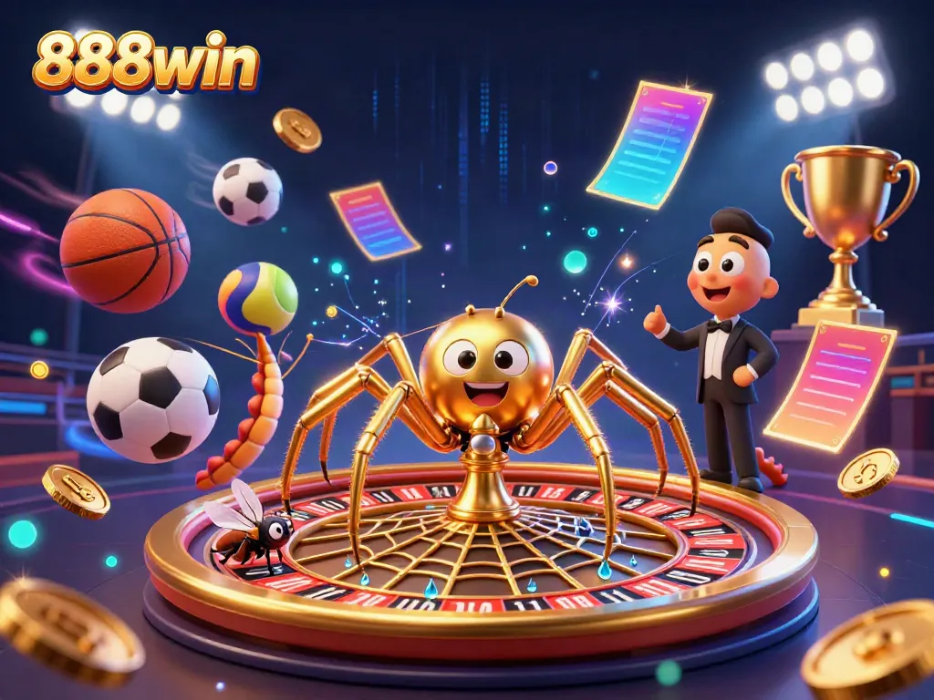 Experience the thrill of 888win with vibrant casino action in a colorful 3D illustration.
