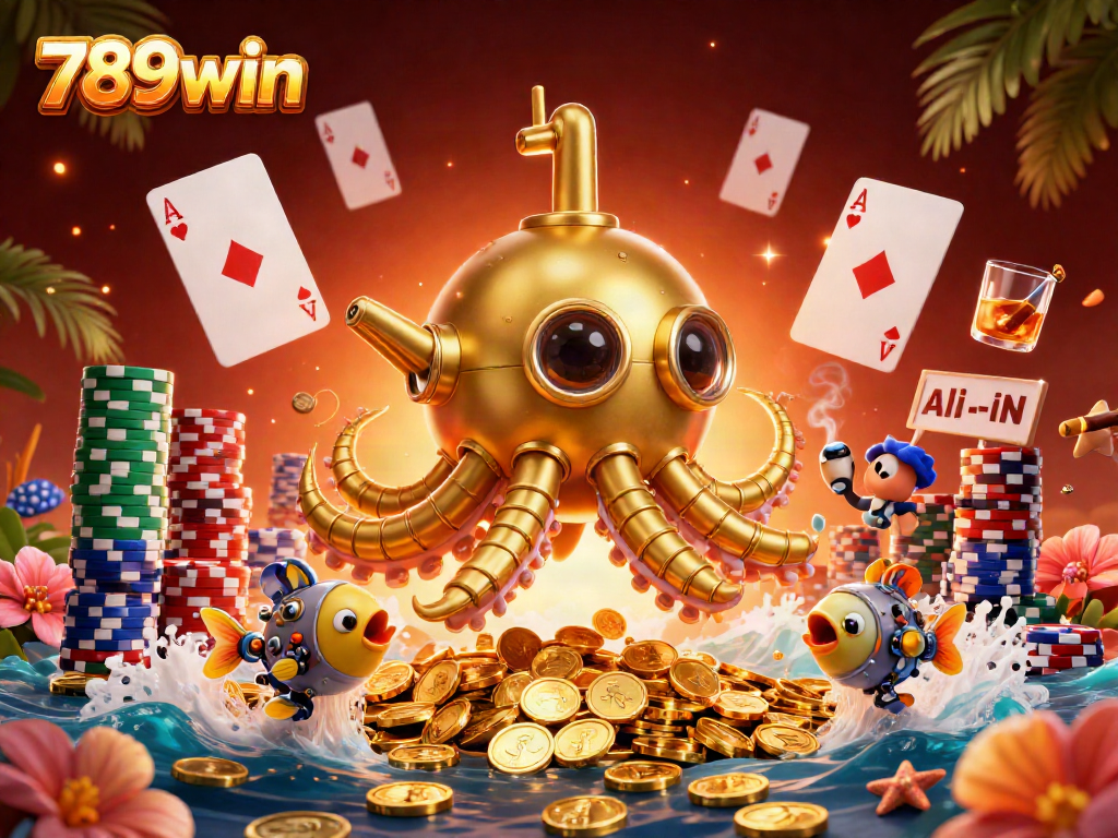 Experience thrilling 789win gaming with the golden kraken submarine in a sea of poker action.