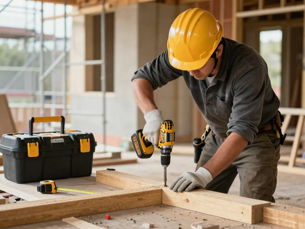 Utilizzo di un avvitatore DeWalt su un cantiere con attrezzi e materiali di costruzione.