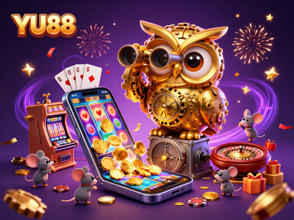 Experience YU88 with a vibrant 3D casino scene featuring a golden owl, slot machines, and excitement.