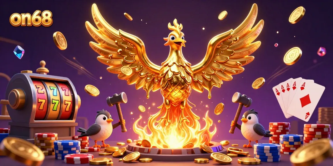 Experience the excitement of on68 with vibrant 3D casino elements featuring a golden phoenix and dynamic slot reels.