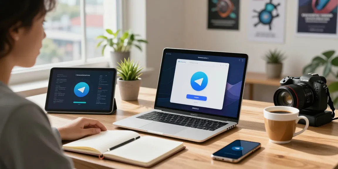 Download Telegram on a laptop in a modern workspace with urban view, showcasing tech and lifestyle elements.